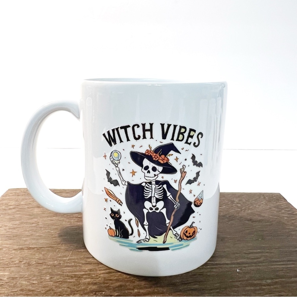 Halloween Witch Vibes Coffee Mug 11 oz – Skeleton Witch with Cat & Pumpkins